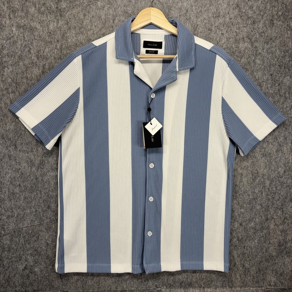 Porter and Ash Jacquard Shirt Men's Medium Striped Blue White Stretch Camp New